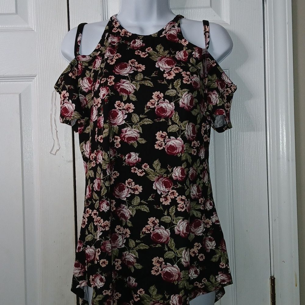 No Comment black with purple pink floral print cold shoulder top Sz L NW